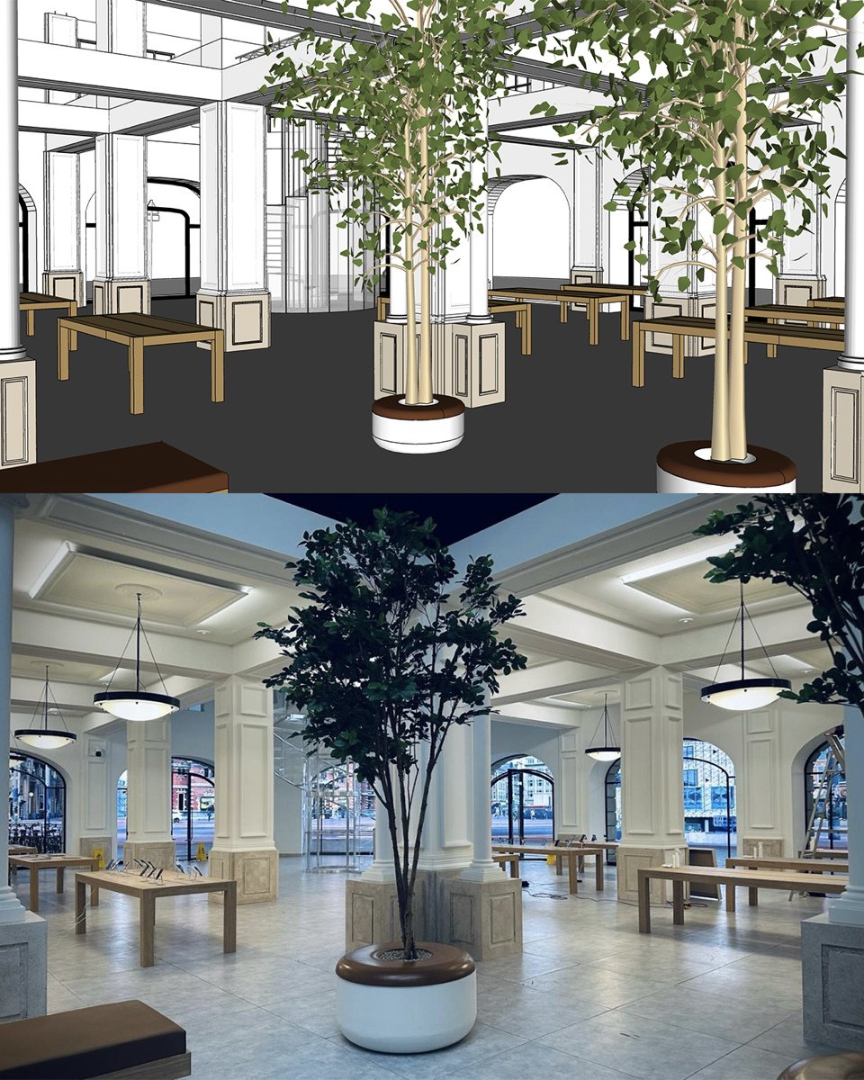 The interior with trees and tables