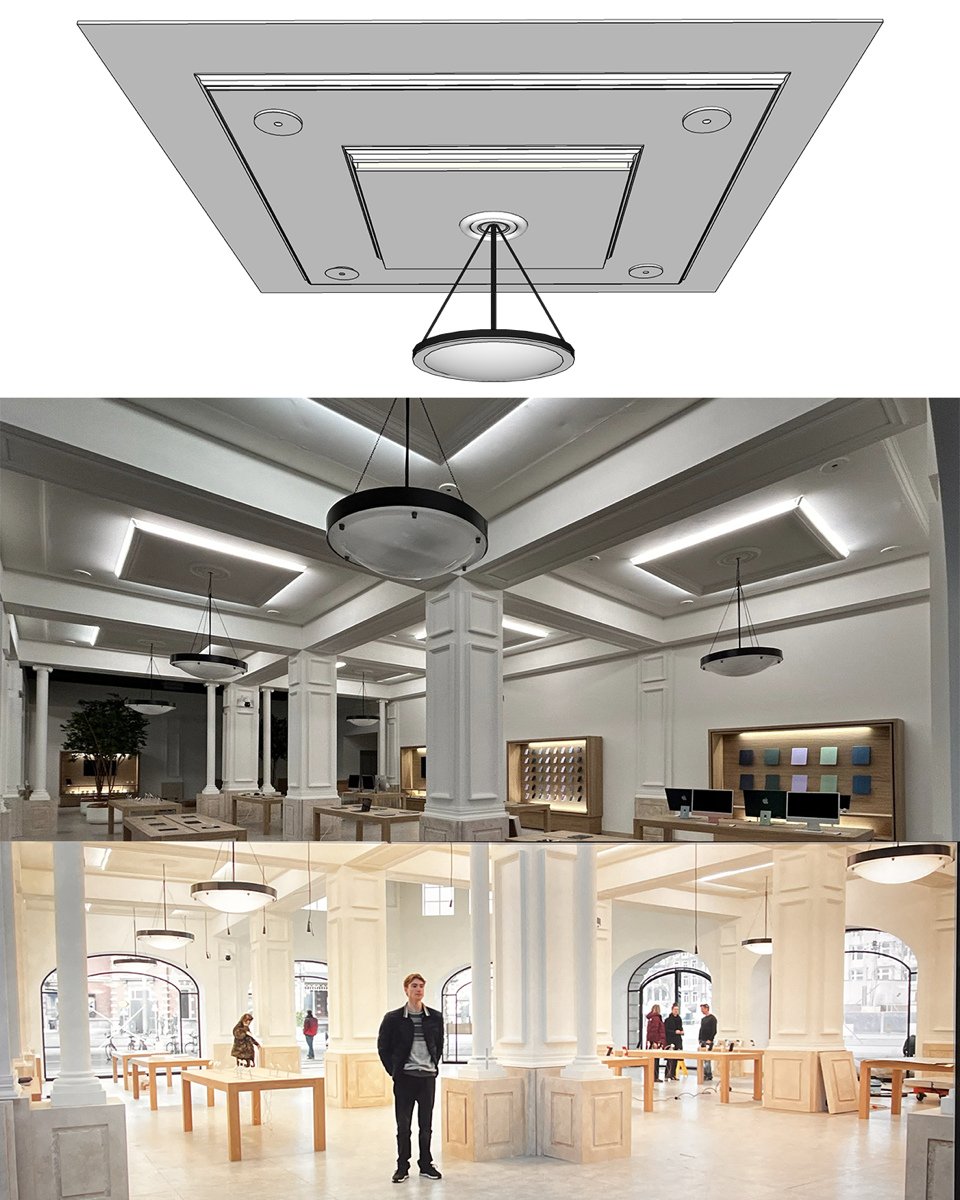 The finished interior with ceiling fixtures