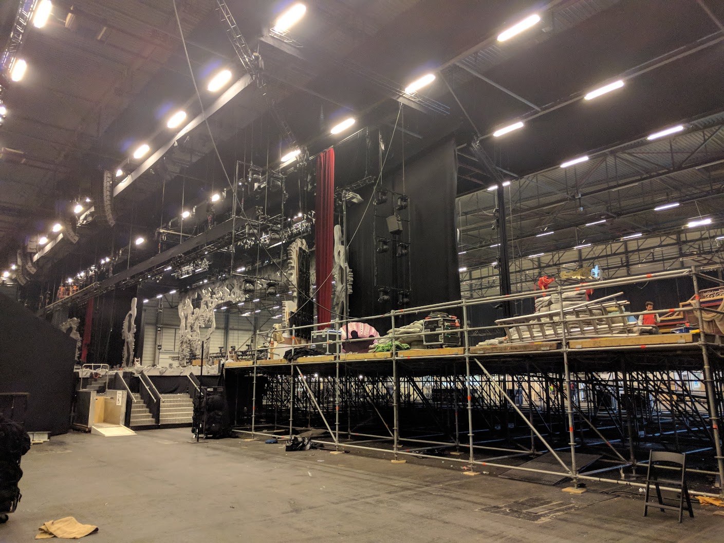 Scaffolding and passageways behind the set