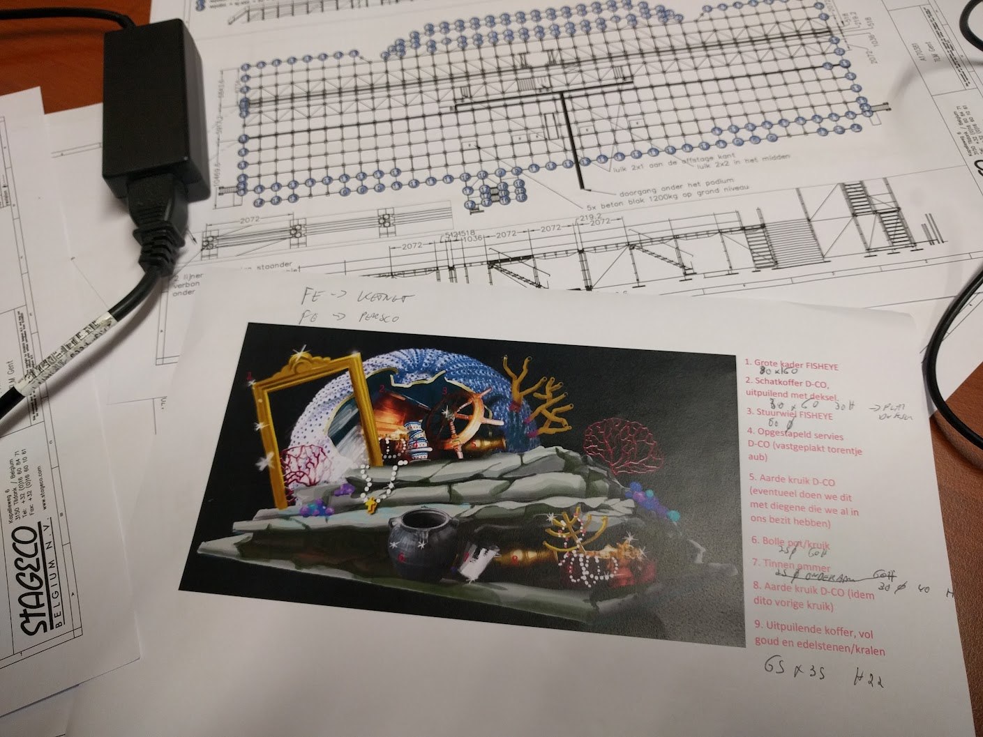 Stage plans and prop list with handwritten dimensions