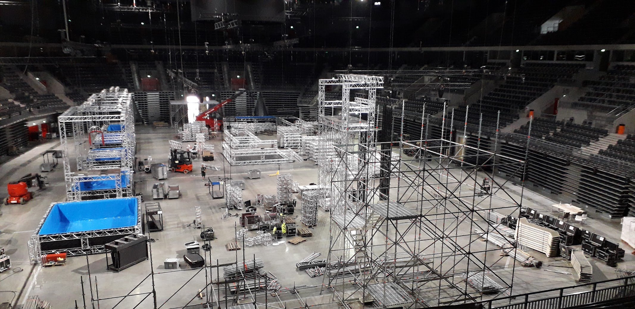 The arena mid-build, with water tanks and scaffolding