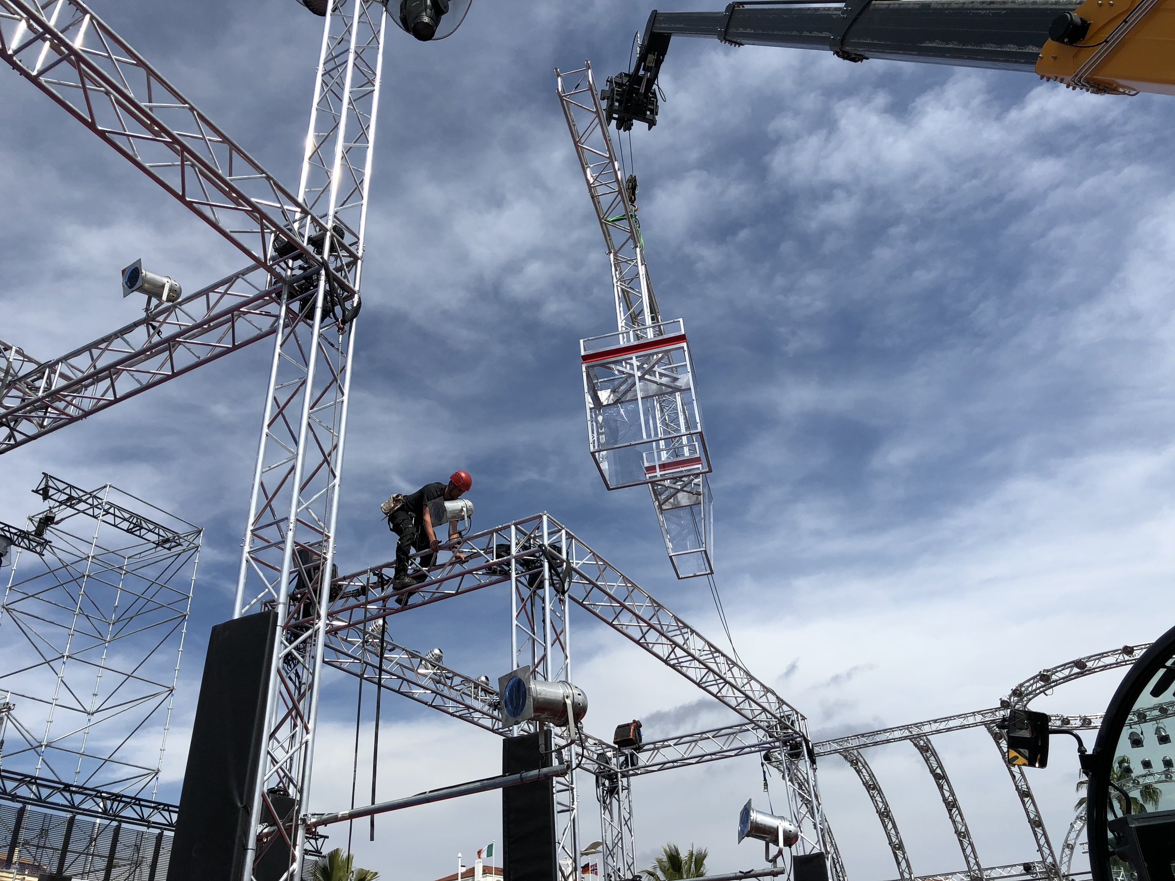 Rigger on the truss during the build