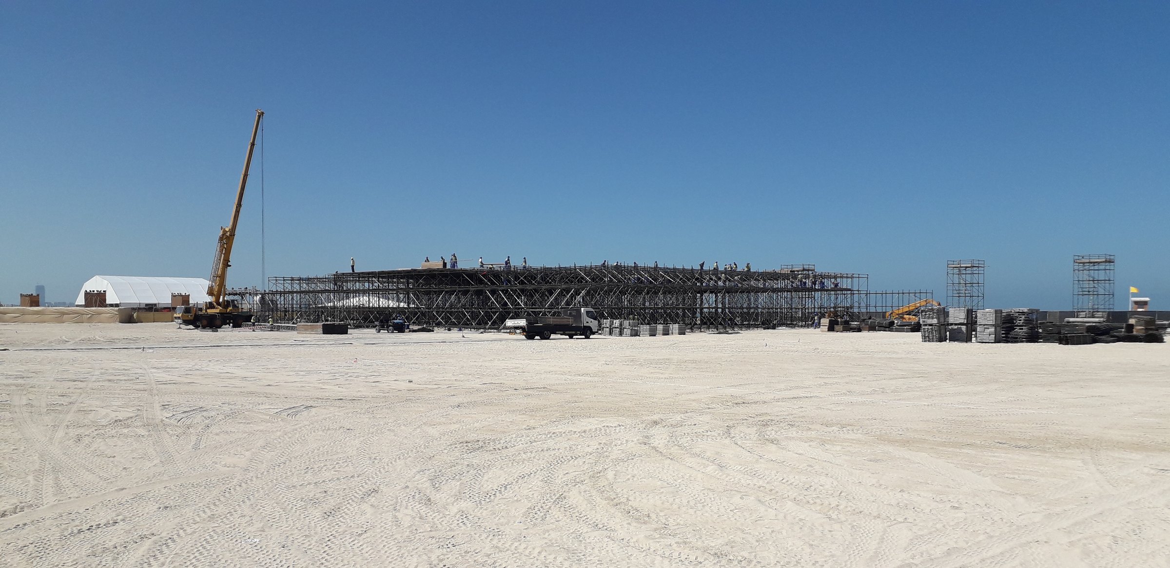 Grandstand structure under construction on the beach in Dubai for the Gov Games