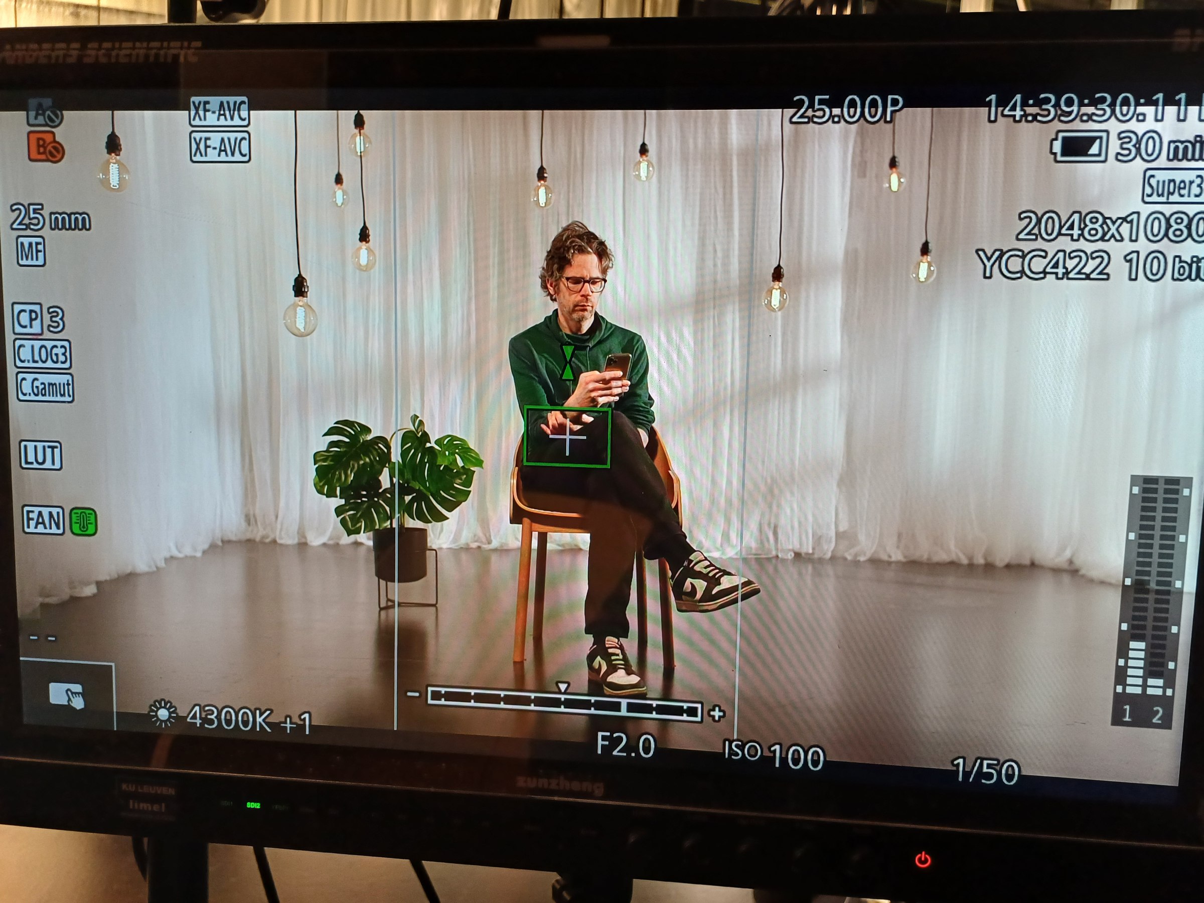 The interview set as it appears on the camera monitor