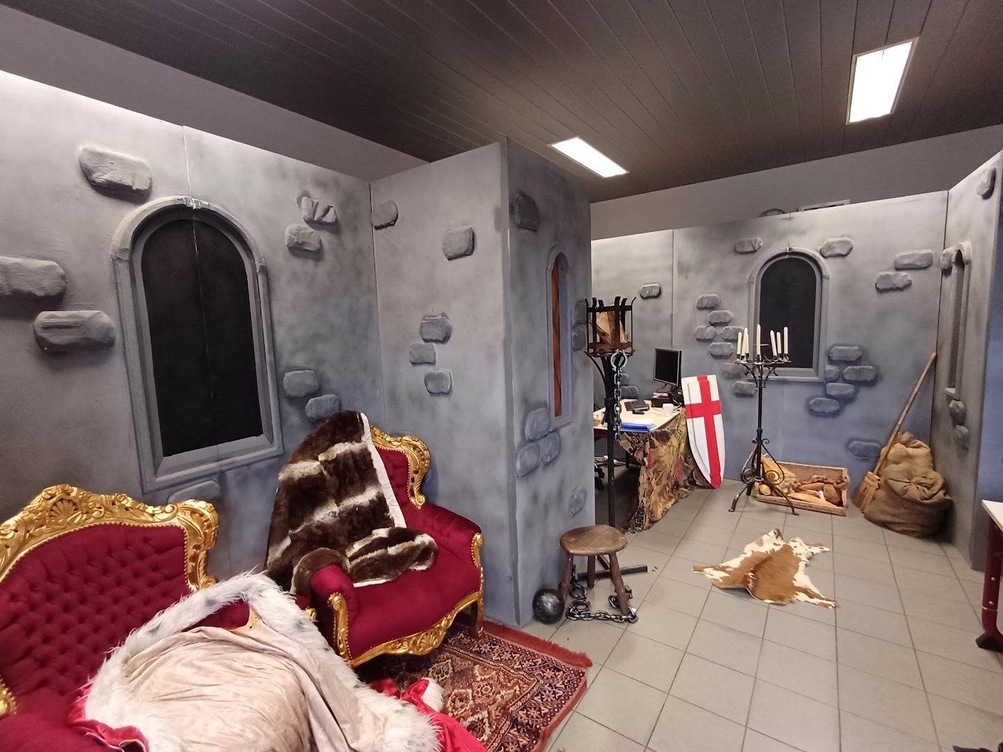 Built castle interior with wall panels and furniture